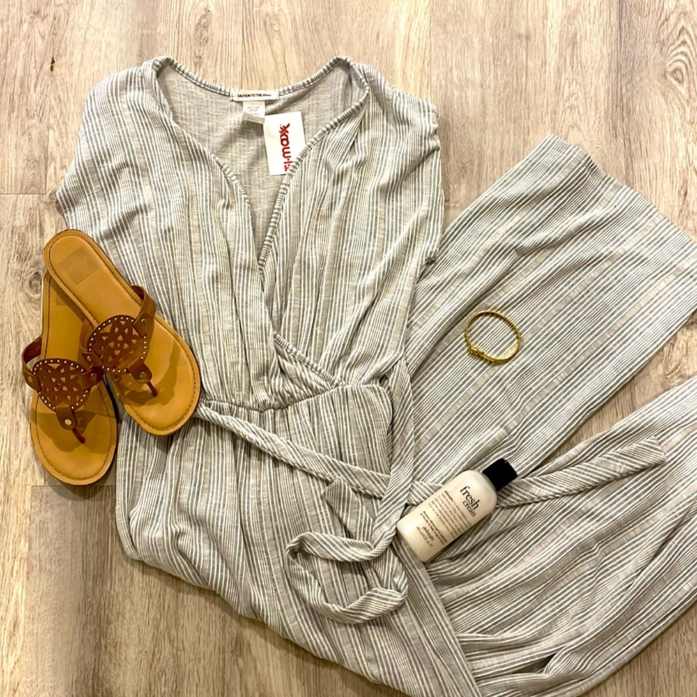 Mid calf jumpsuit- grey and white pin stripe